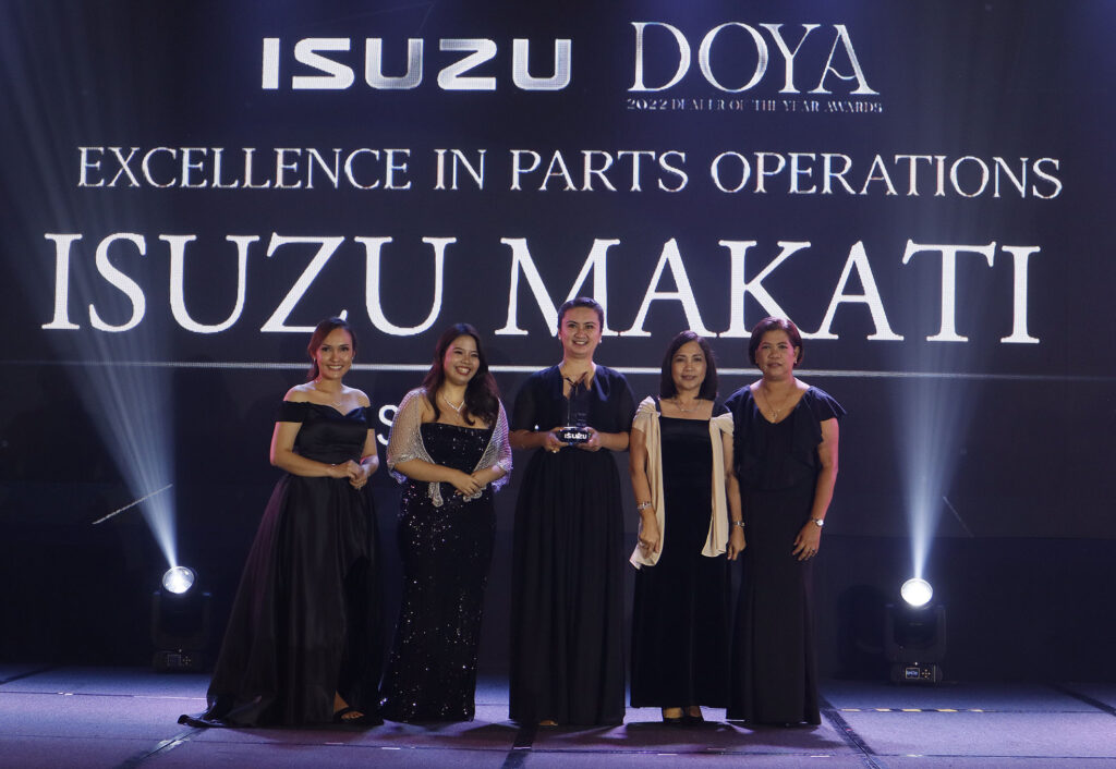 Isuzu Makati wins Excellence in Parts Operations in the 2022 Dealer of the Year Awards. Shown in the photo are (from left) Isuzu Philippines Corporation’s (IPC) Department Head for Aftersales Planning and Parts Department Carol De Torres, Isuzu Gencars, Inc. Special Assistant to the President Giannina Eunice A. Cabangon, Service and Parts Manager Ma. Elena Perez, President Lerma Nacnac, and IPC’s Assistant Vice President for Administration Imelda Bernas. PHOTO BY ROY DOMINGO